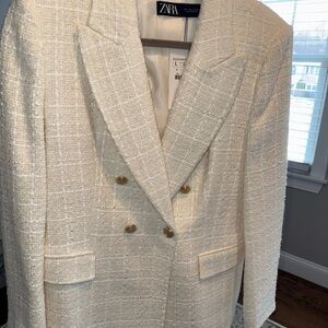 Zara Off-White Textured Double-Breasted Blazer